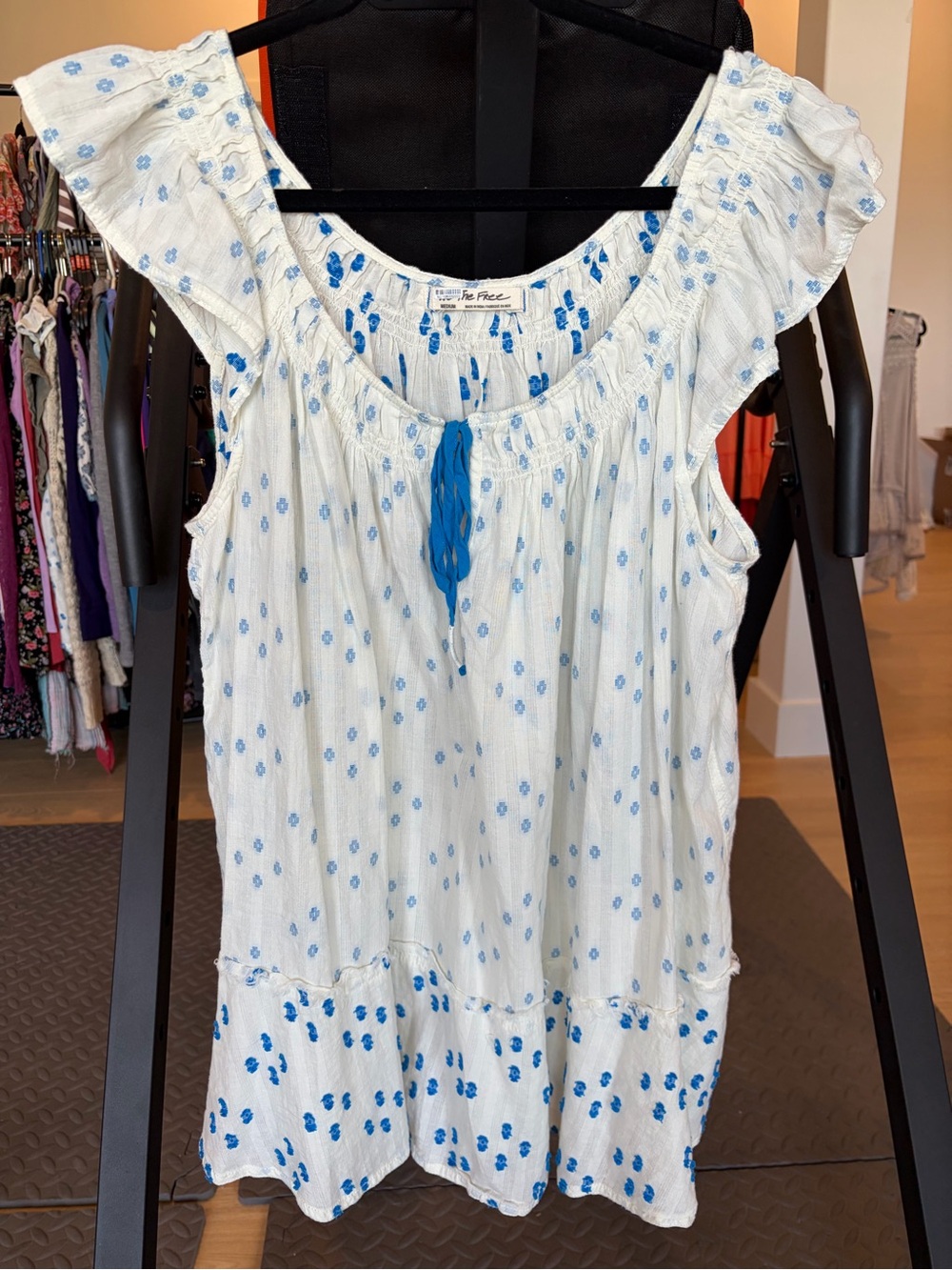 Free People White Top with Blue Floral Accents